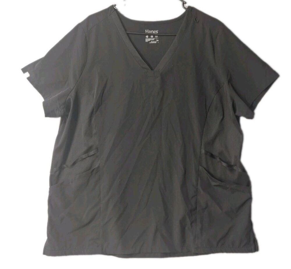 Hanes Comfort Fit Black Scrub Top Women's 2XL Stretch V-Neck Medical Workwear